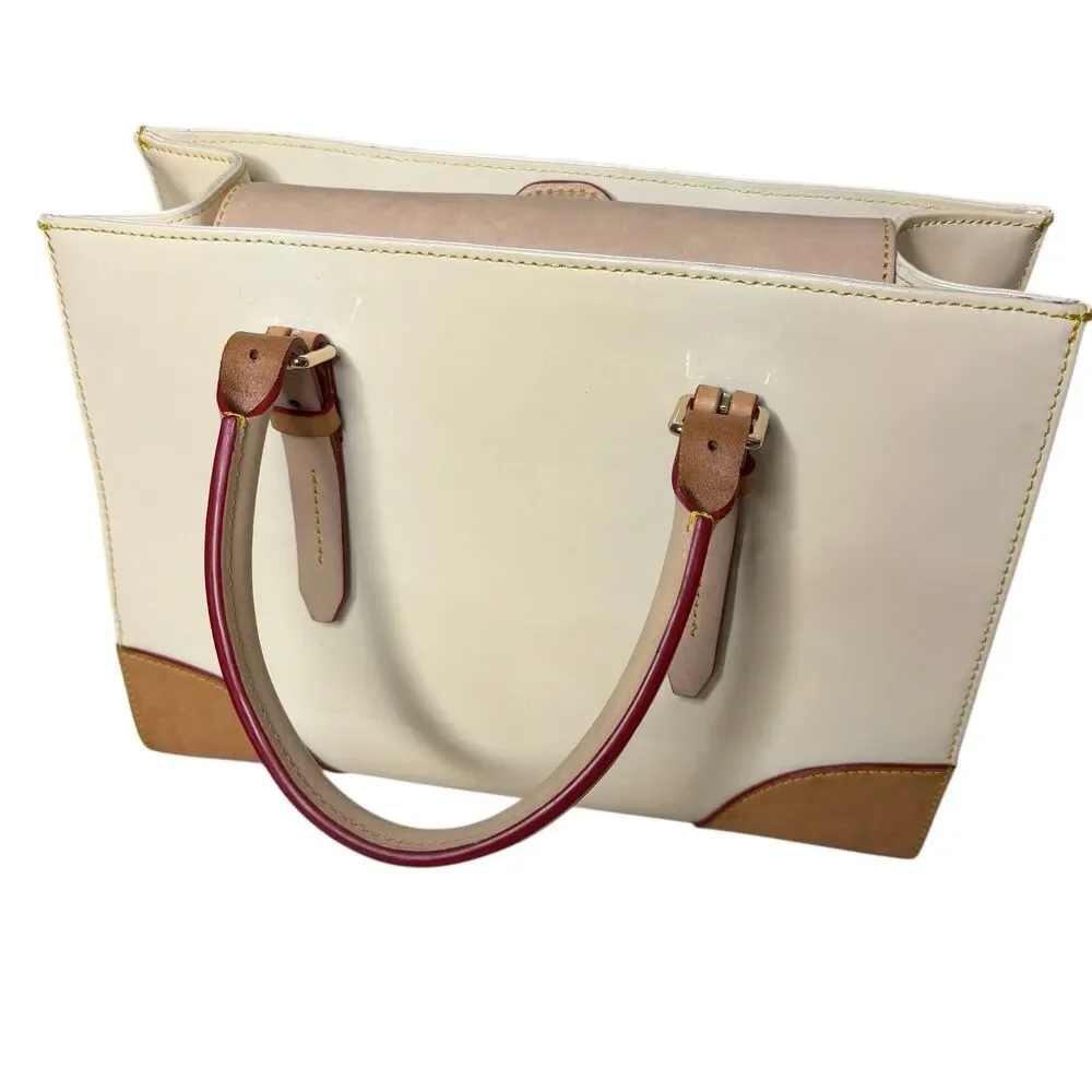 Dooney & Bourke Janine Patent Leather Satchel Purse Bag Cream Brown